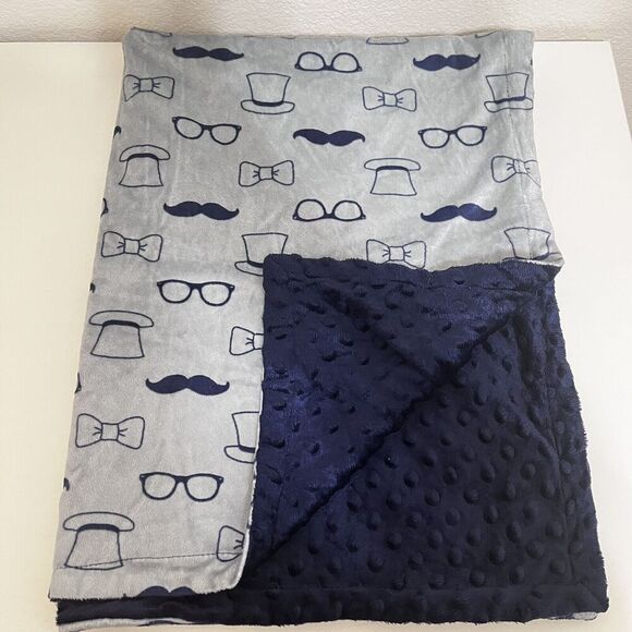 HB Hudson Baby Blanket Gray Blue Minky Dot Mustache Glasses Bow Tie Hats Lovey - Picture 2 of 12